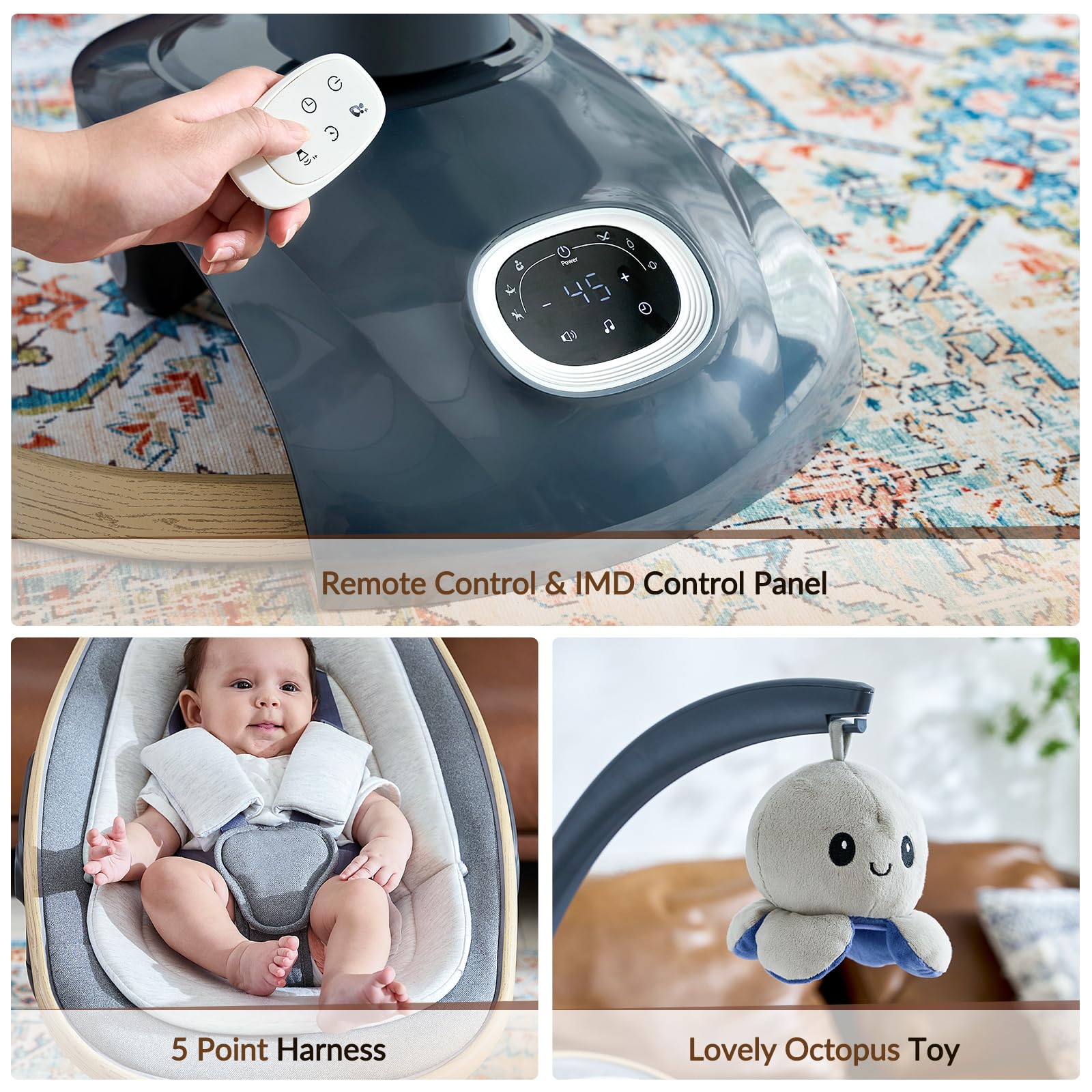 VaVaSoo Electric Baby Swing Newborn for Infants with 5 Speeds, Multi Motion 3D Baby Rocker for Girl Boy Swingset Indoor with 13 Melodies Music, Remote Control, Dark Gray