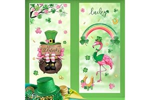 Yovkky 108 PCS Happy St. Patrick's Day Window Clings 4 Sheets, Flamingo Leprechaun Lucky Shamrock Clover Tree Rainbow Sticker Decal Decor, Golden Coins Irish Holiday Home Kitchen Decorations