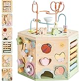 ROBUD Wooden Activity Cube, Montessori Toys for 1+ Year Old, Educational Toy with 13 Functional Areas, Fountain Garden Theme for Baby Boys & Girls