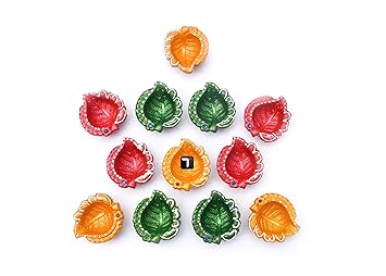 TED TECH Traditional Peepal Leaf Clay Diyas for Diwali Decorations/Colourful Hand Painted Puja Terracotta Diya/Festivals Diya (6)