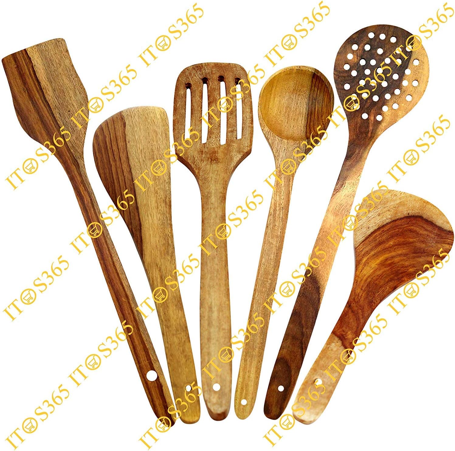 ITOS365 Wooden Handmade Serving and Cooking Non-Stick Kitchen Utensil Spoons - Set of 6