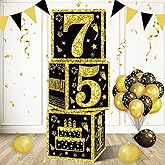 Eiurteao 3pcs 75th Birthday Decorations Boxes for Men Women, Black Gold Happy 75 Birthday Balloons Boxes Party Supplies, 75 Year Old Bday Theme Cardboard Box