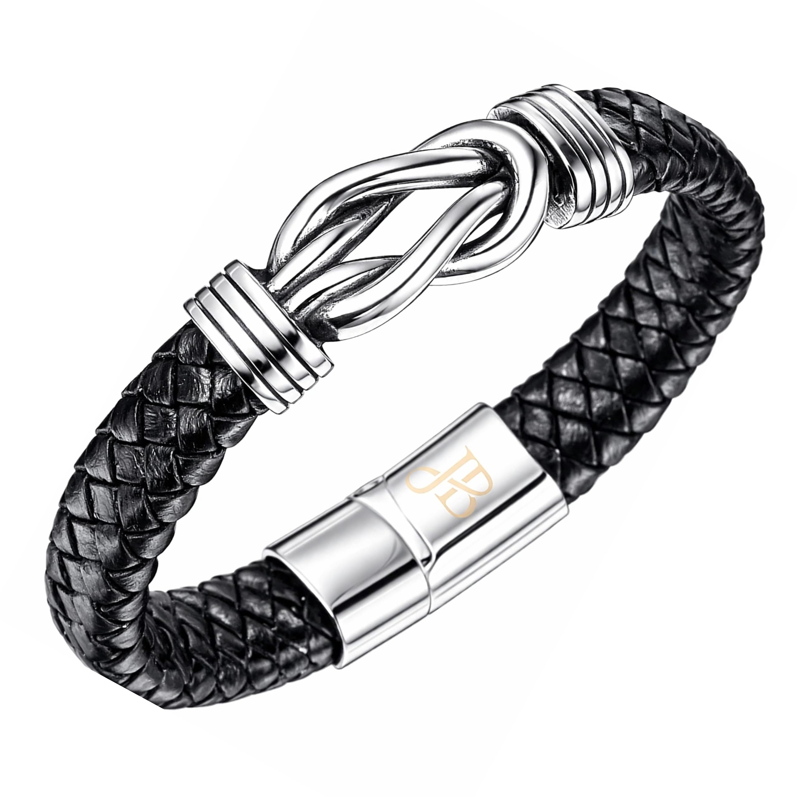 Jewellbox Men’s Black Leather Infinity Knot Bracelet 21 cm – Stainless Steel Magnetic Clasp, Punk & Modern Wristband – Gift for Him