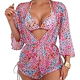 Bolsamila 3 Piece Swimsuits for Women Sexy Leaf Print Bikini Set Mesh Cover Up Tropical Swimsuits XS-XXL