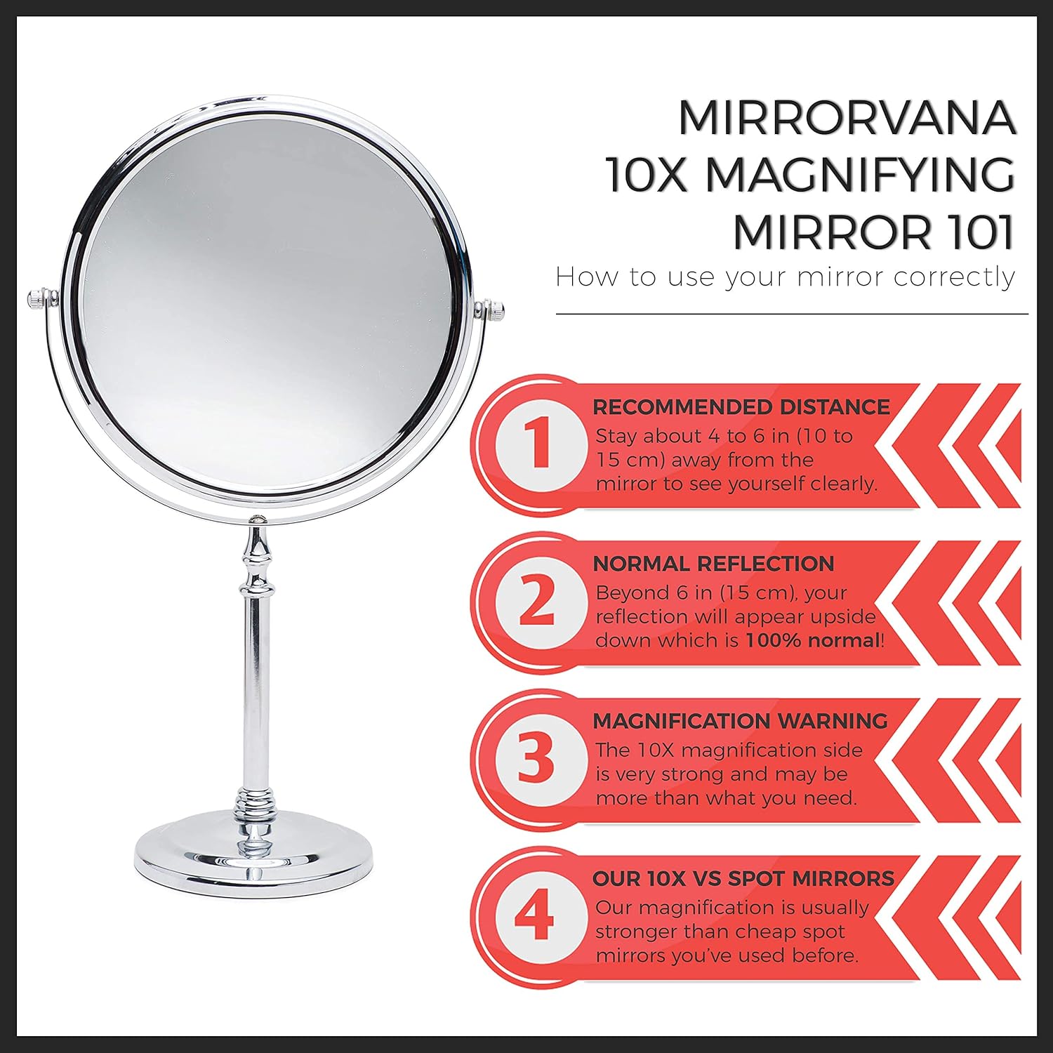 Mirrorvana Large Double Sided 10X and 1X Magnifying Makeup Mirror with Stand, 15-Inch Height and 8-Inch Wide : Beauty