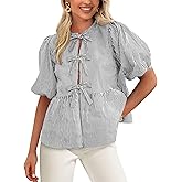 PRETTYGARDEN Women's Tie Front Striped Shirt 2026 Summer Trendy Fashion Cute Babydoll Tops Peplum Puffy Sleeve Blouse