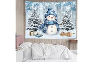 HVEST Winter Christmas Tapestry Wall Hanging, Funny Snowman with Blue Hat and Christmas Gift Tapestries, Pine Tree and Snowflake Tapestry for Living Room Bedroom Aesthetic Decor, 40L x 60W Inches