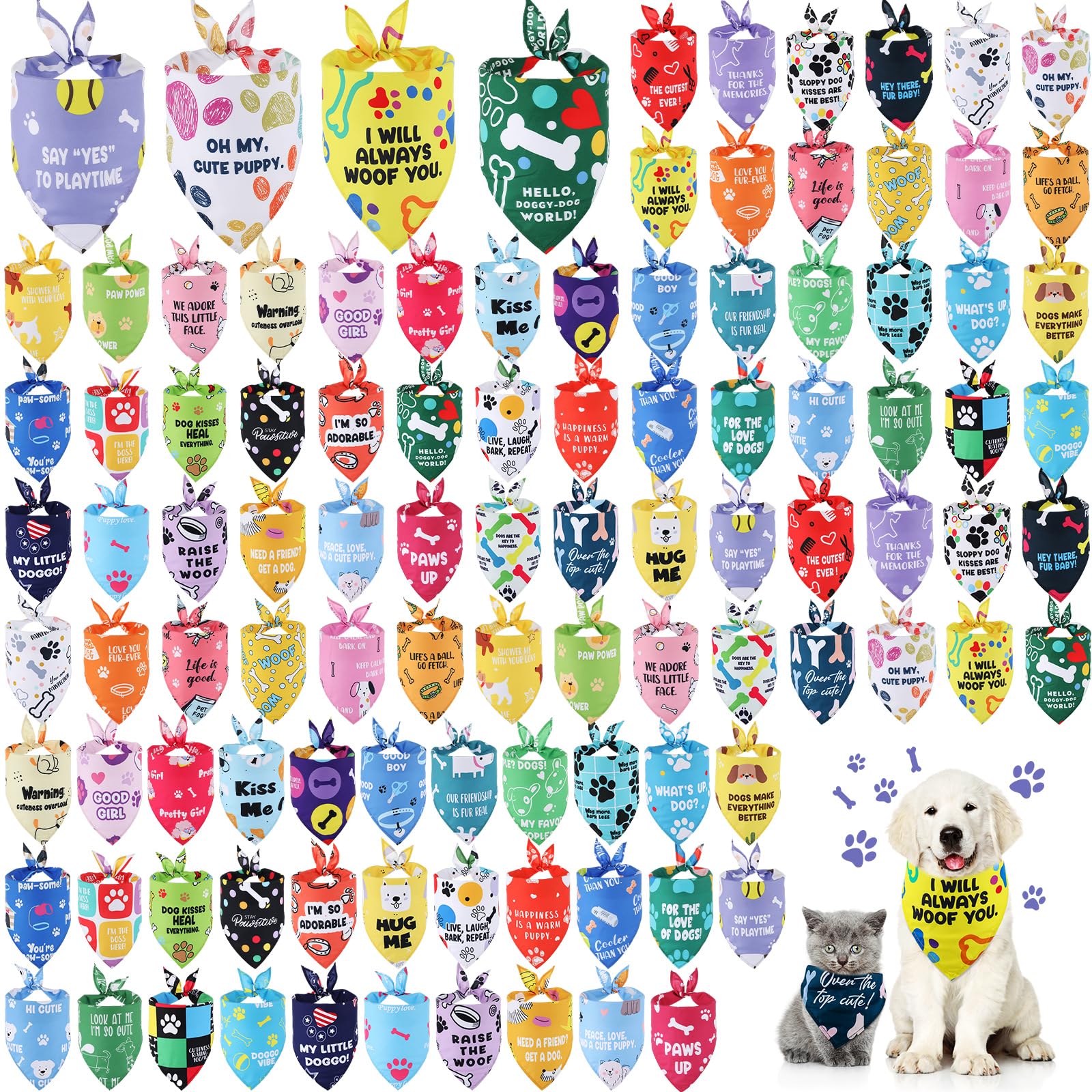 Photo 1 of Sweetude 100 Pcs Plaid Dog Bandanas Bulk Paw Print Dog Scarf Bibs Puppy Pet Bandanas with Captions Adjustable Cat Outfit Washable Triangle Scarf Kerchief for Small to Medium(Vivid)