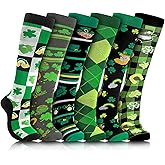 Geyoga 6 Pairs St. Patrick's Day Compression Socks for Women Men Green Knee High Irish Shamrock Clover Socks Bulk Novelty Holiday Outfits for Running Work Baseball Softball Football Teens Adults
