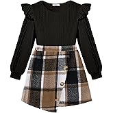 Arshiner Girls Skirt Sets Ruffle Sleeve Top and Plaid Mini Skirt 2 Piece Fall Winter Outfits for Kids