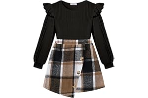 Arshiner Girls Skirt Sets Ruffle Sleeve Top and Plaid Mini Skirt 2 Piece Fall Winter Outfits for Kids