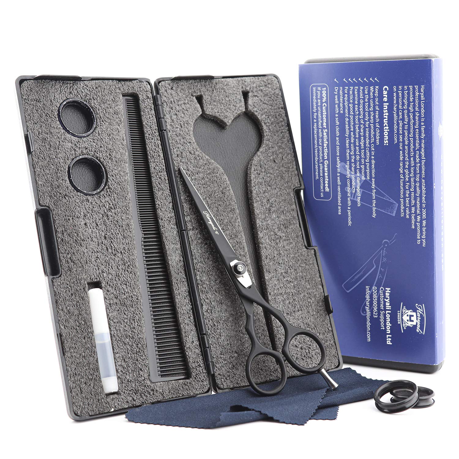 Haryali London Black Professional Hairdresser 6.0" Hairdressing Barber Scissors Hair Cutting Salon Shears With Adjustable Screw for Men and Women Comes in Black Box with Oil Bottle and Comb