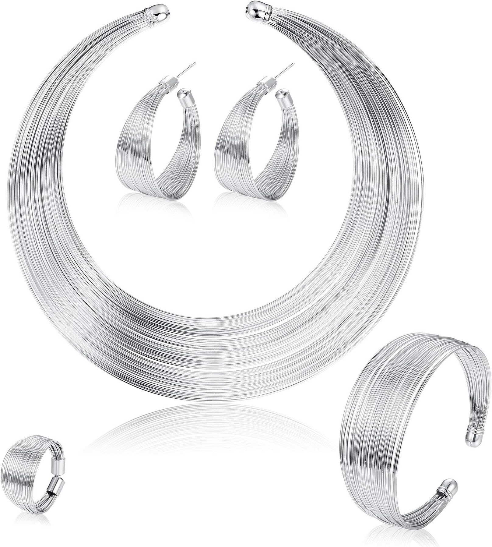 Adramata Bib Choker Statement Necklaces for Women Cuff Bracelet Open Hoop Stud Earrings Ring African Chunky Costume Jewelry Set