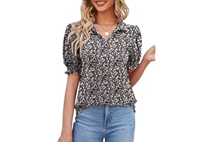 Micoson Womens Short Sleeve Polo T Shirts V Neck Casual Collared Tops Puff Sleeve Work Tunic Blouses