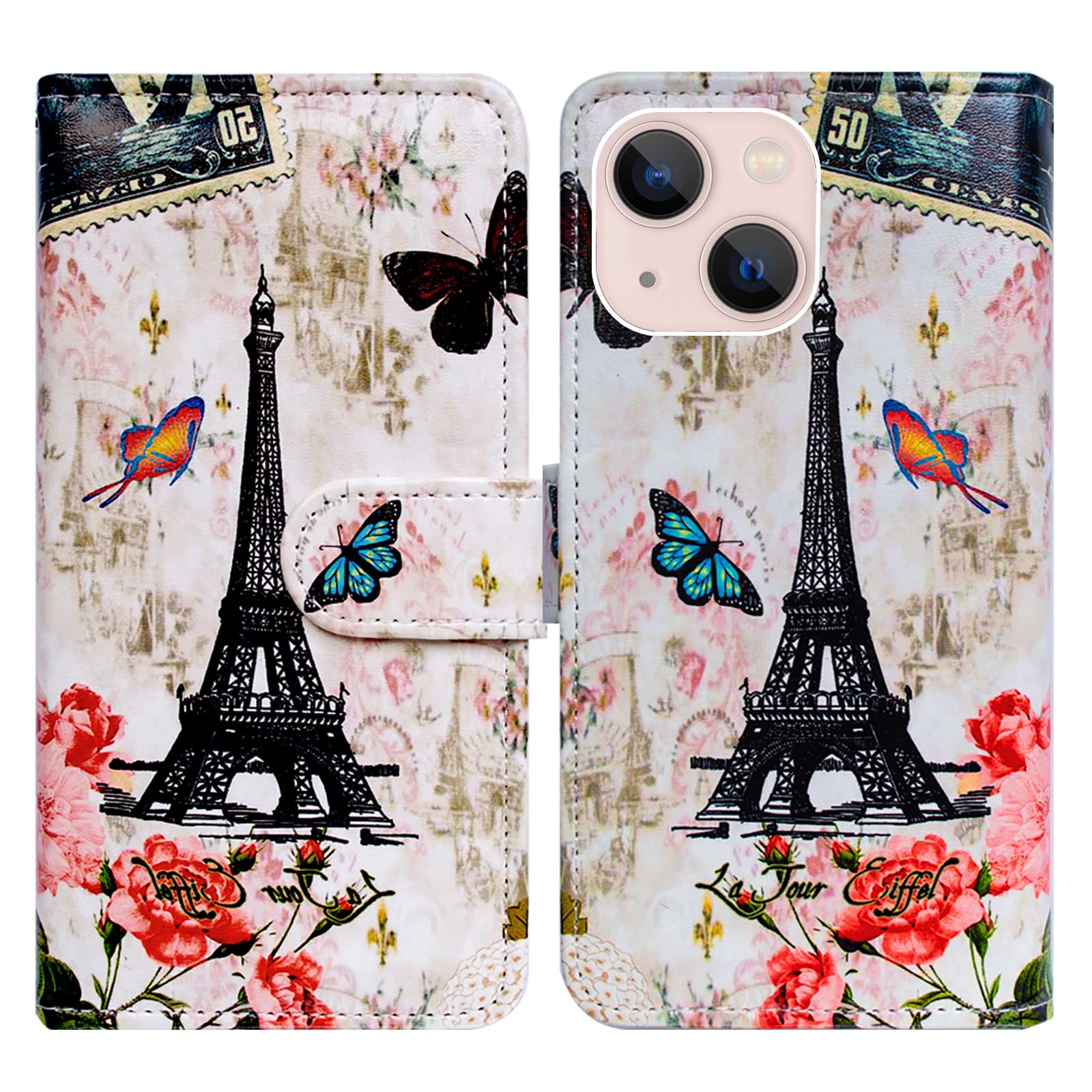 Bcov iPhone 14 Plus Case, Paris Tower Butterfly Leather Flip Phone Case Wallet Cover with Card Slot Holder Kickstand For iPhone 14 Plus — image 1