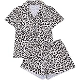OYOANGLE Women's Leopard Print Pajama Set Short Sleeve Sleepwear Button Down Shirt and Shorts Pjs Loungewear