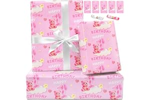 1st Birthday Wrapping Paper Sheets, New Baby Wrapping Paper Birthday for Baby Girls With Cloud and Pink Number 1 Doll Happy B