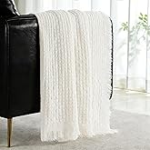 Exclusivo Mezcla Twin Size Knit Blanket with Fringes for Bed, Reversible Super Soft and Warm Woven Boho Throw for All Season, Home Decor, 60"x80", Ivory