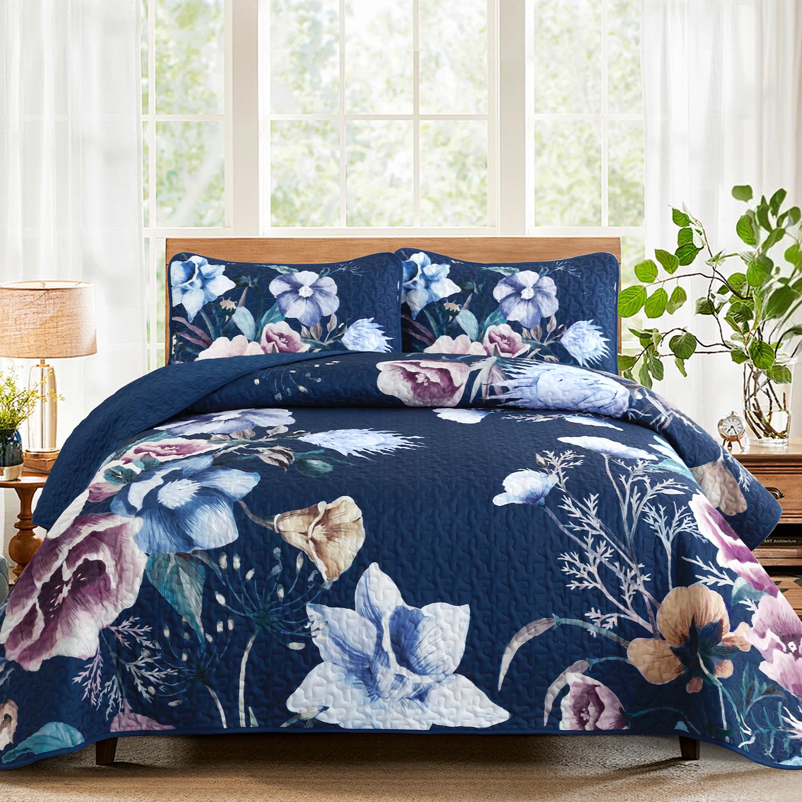 Drucon Blue Floral Quilt Set Queen Size 3 Pieces Blue Botanical Flower Quilt Coverlet Set Soft Microfiber Lightweight Quilted Bedspread for All Season 90"x96" Image