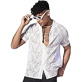WDIRARA Men's Floral Lace See Through Button Front Short Sleeve Shirt Summer Tee Top