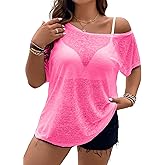 Hilinker Women's Plus Size Sheer Mesh Short Sleeve Top Sexy See Through T Shirt Off Shoulder Blouse Loose Fit