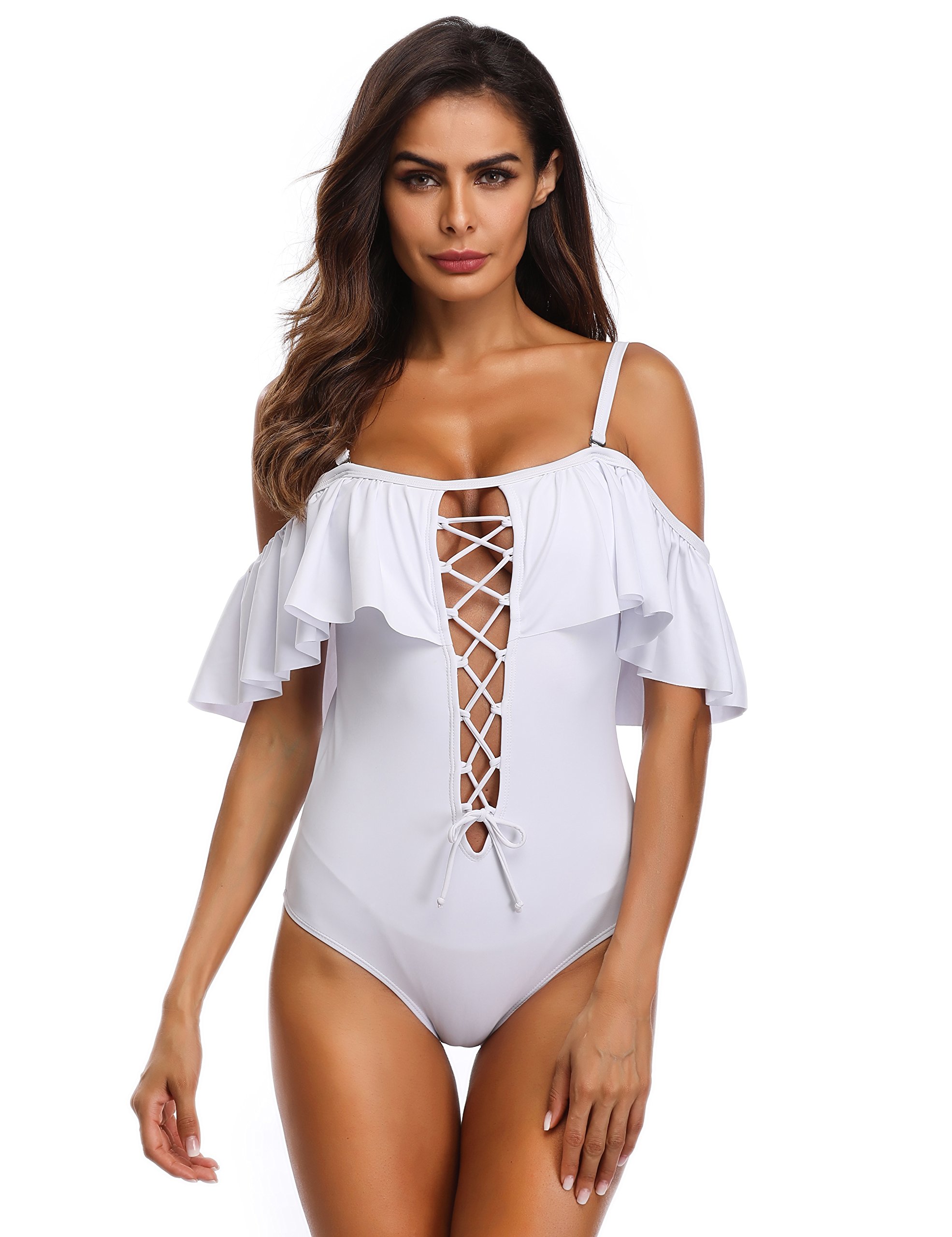 MarinaVida Women Off Shoulder One Piece Swimsuit Ruffled Bathing Suits