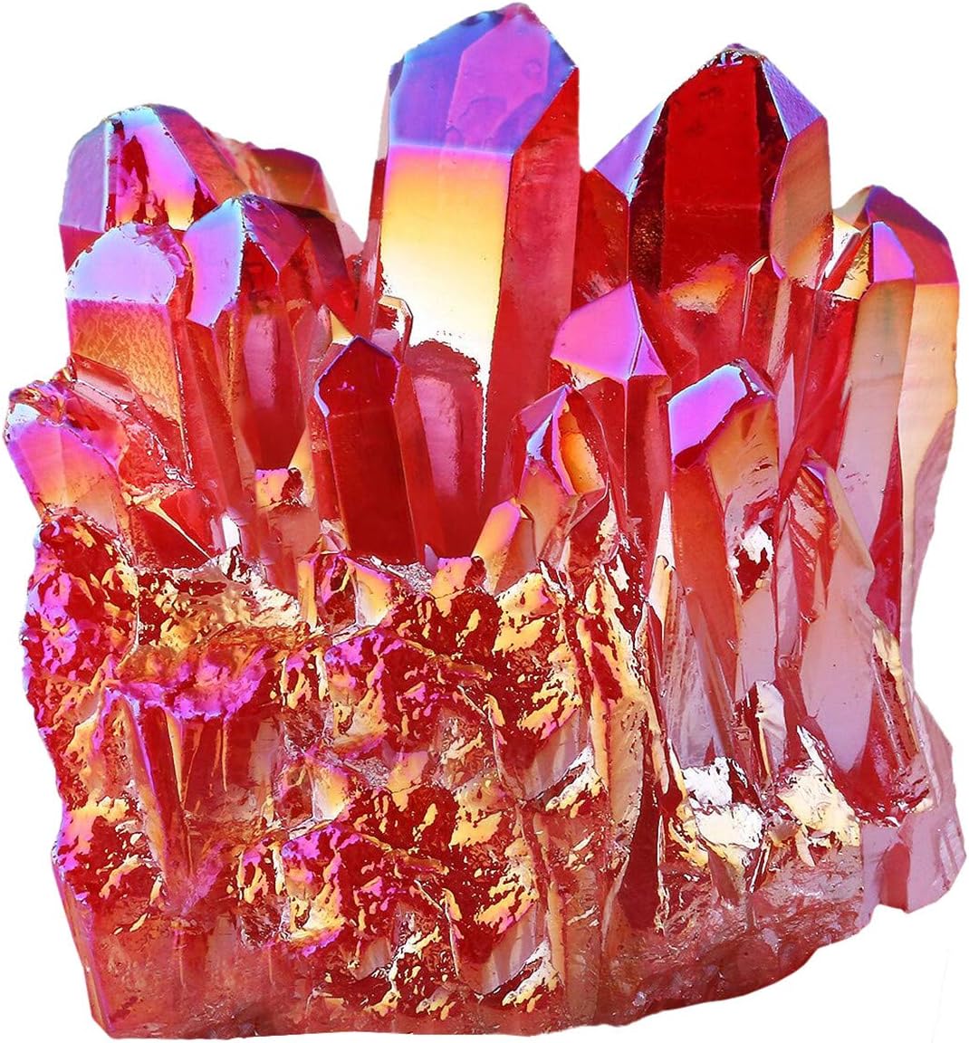 Indoor Fountains & Accessories - mookaitedecor Titanium Coated Natural Rock Crystal Cluster Geode Stone Specimen, Red