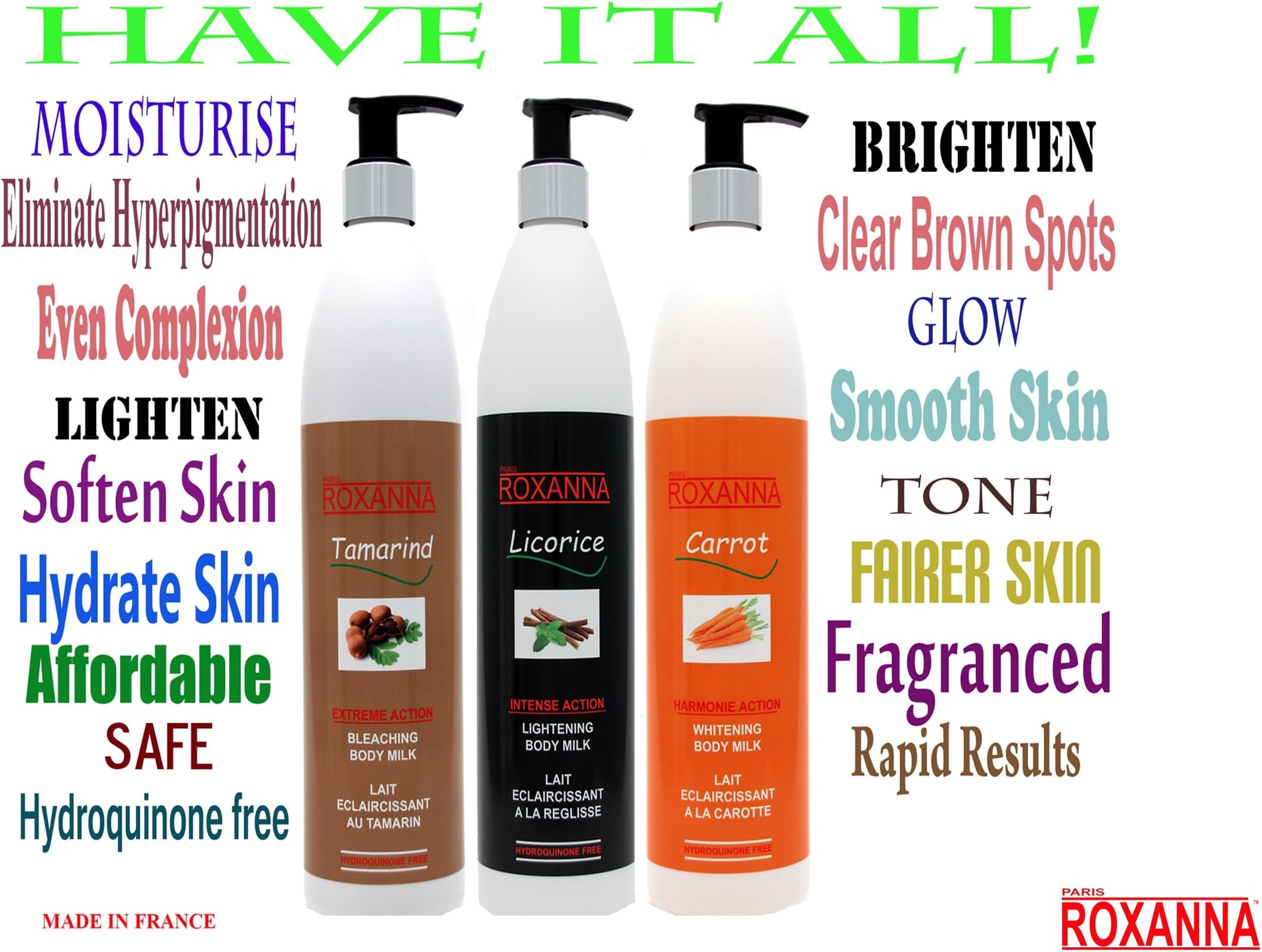 Roxanna Skin Lightening Body Lotions (Set of 3) 500ml - Carrot, Licorice & Tamarind