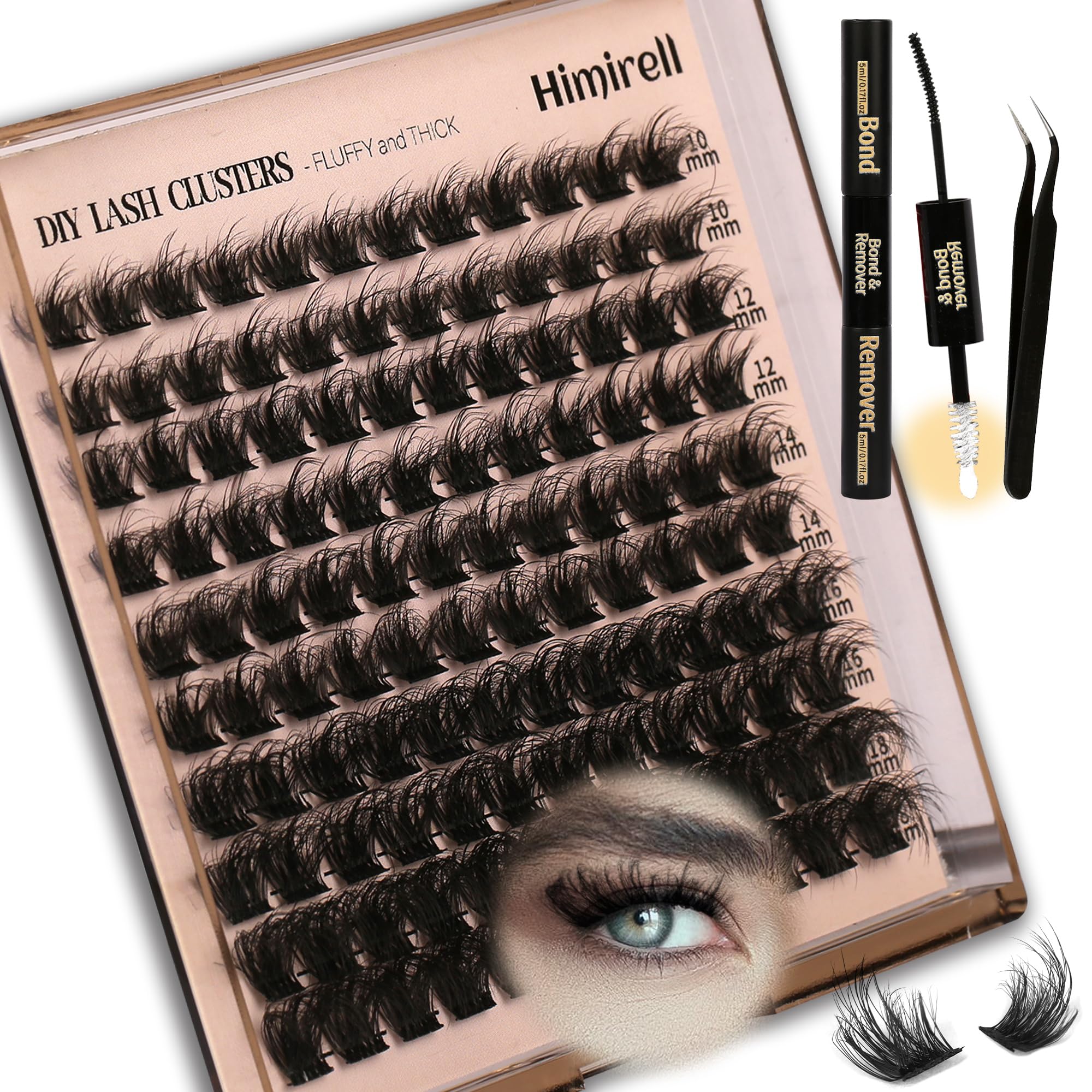 Himirell Premium Lash Clusters Kit - 140Pcs D Curl Individual Lashes for Natural, Wispy Look - Fluffy Volume Extension with Tweezers, Bond, and Remover