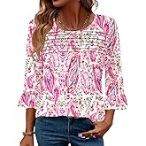 Blingfit 3/4 Length Sleeve Womens Tops Dressy Casual Shirts Ruffle Bell Sleeve Front Pleated Fasion Trendy Summer Blouses