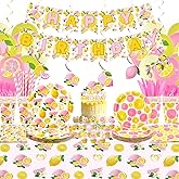 Obussgar Lemon Birthday Party Decorations for Girl - Pink Lemon Party Supplies including Banner, Plate, Cake Topper, Cup, Napkin, Balloon, Tablecloth - Serves 20