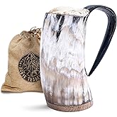 Norse Tradesman Original LG Viking Drinking Horn Mug - 100% Authentic Beer Horn Tankard With Rosewood Base & Burlap Gift Sack | The Original, High Polish, approx. 16 oz