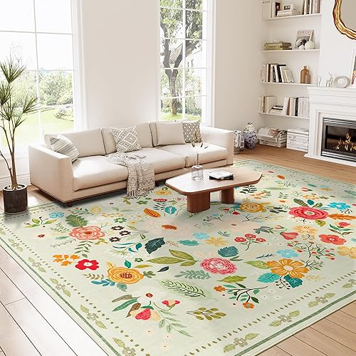 Homcomodar Boho Floral Rugs Living Room 160x230cm Washable Rugs for Bedroom Low Pile Large Area Rug Floral Print Carpets for Living Room Bedroom Kid's Room Nursery Dining Room