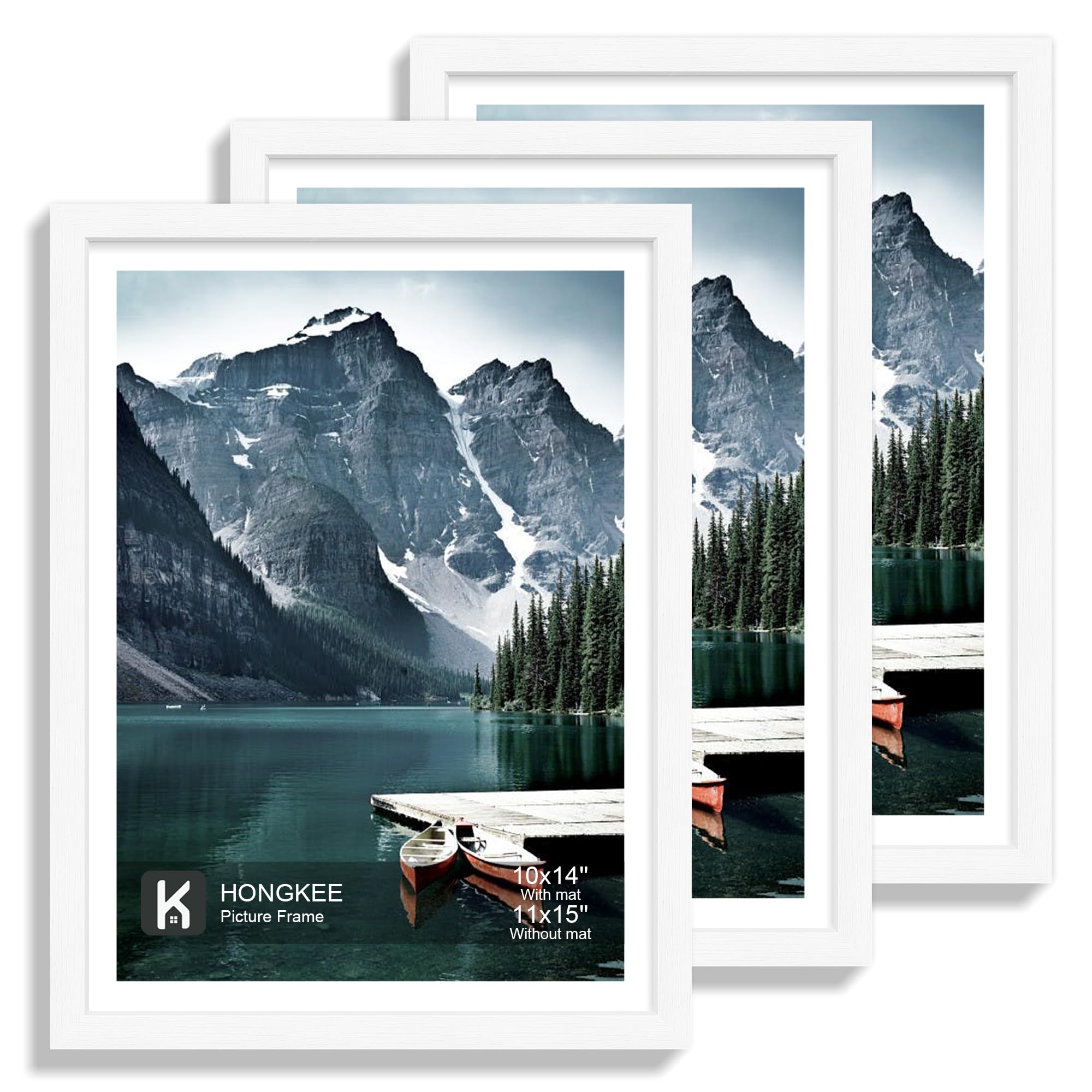 Hongkee 11x15 Picture Frame with Real Glass - Display Pictures 10x14 with Mat or 11 x 15 without Mat, Wall Collage Photo Frame set(White, 3 Pack) Image