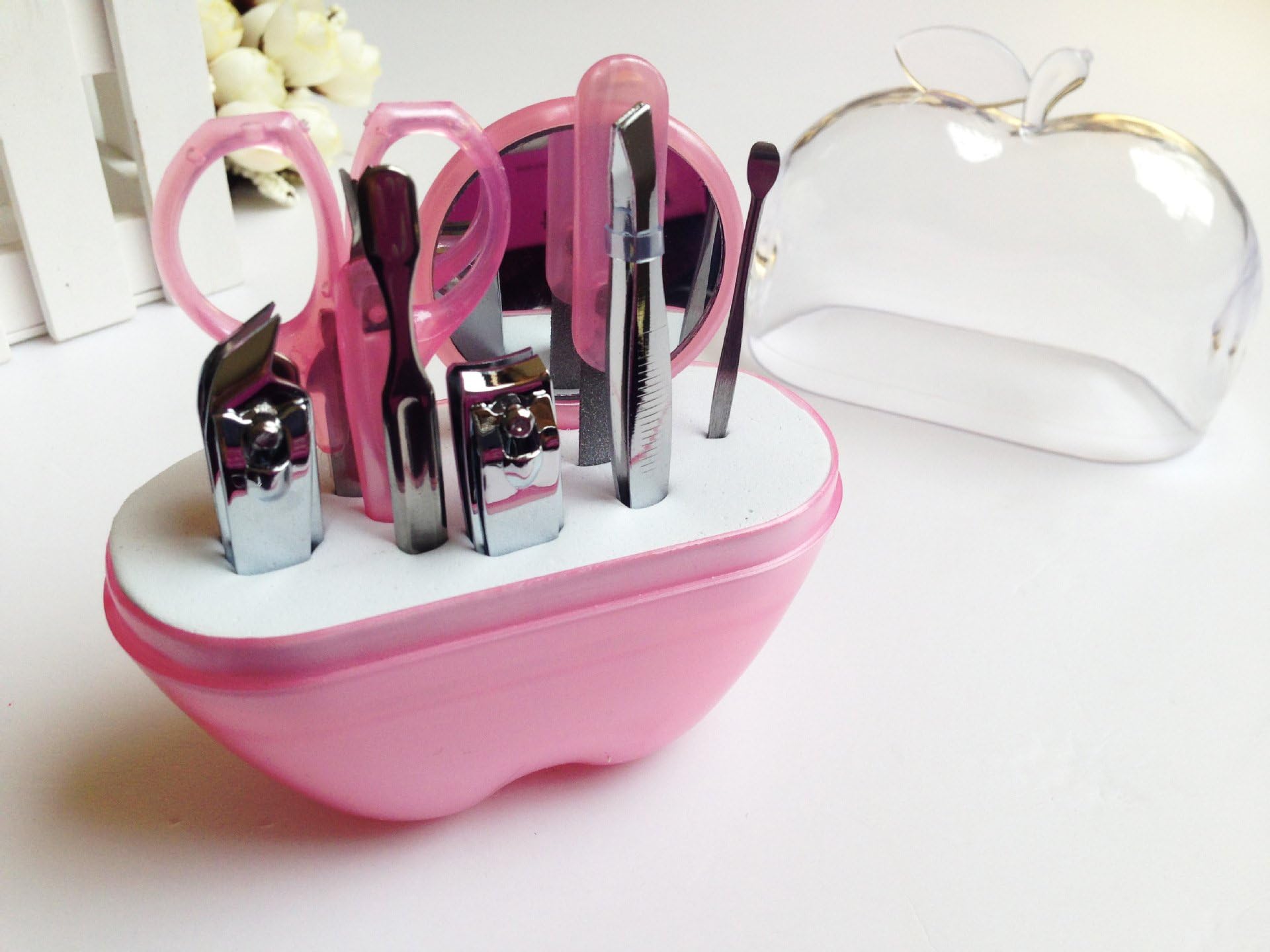 NoMo Kou Apple Shape, Nail Clippers Travel Kit, 9 in 1 Stainless Steel Professional Nail Clippers Manicure (pink)
