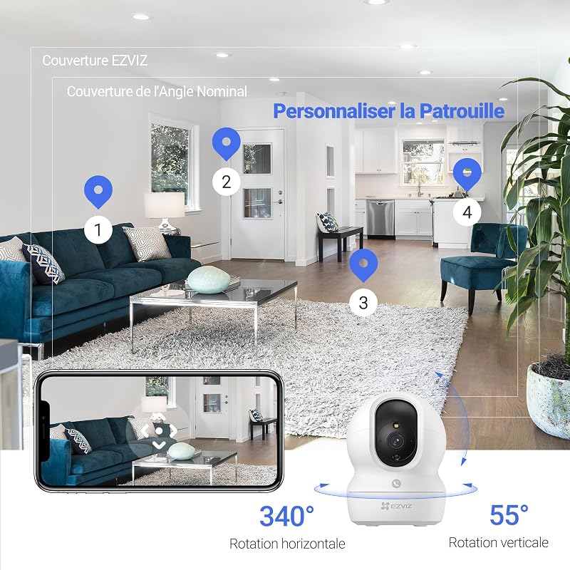 CP1 Pro 2K Caméra Surveillance WiFi Intérieure, Camera Bébé WiFi 2.4Ghz Pan/Tilt à 360 °, Vision Nocturne Intelligente, Suivi Auto, Audio Bidirectionnel, Mode Veille, Compatible avec Alexa