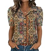 Zeagoo Women Button Down Shirts Puff Short Sleeve Blouses Chiffon Tops Business Casual Outfits Summer Clothes