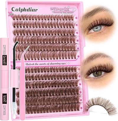 Calphdiar Brown Cluster Lashes Kit 50D 70D 10-18mm Bond Seal Tweezers