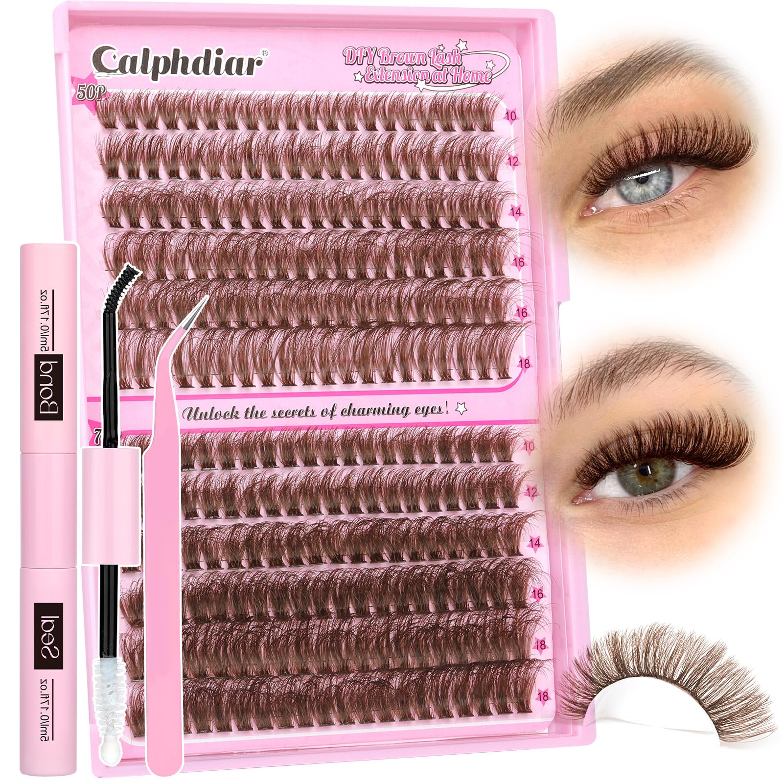 Brown Cluster Lashes Kit Fluffy Eyelashes Individual Kit D Curl Lashes Individual Cluster 10-18MM with Lash Bond and Seal Lash Tweezers Eyelash Extension Kit 50D+70D Brown Lash Cluster Kit DIY at Home