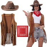 PARTTELY Halloween Cowgirl Costume Set, Fringe Vest, Cowboy Hat &amp; Bandana | 3-piece cowgirl set with faux suede fringe vest, adjustable cowboy hat and red paisley bandana for rodeos, parties