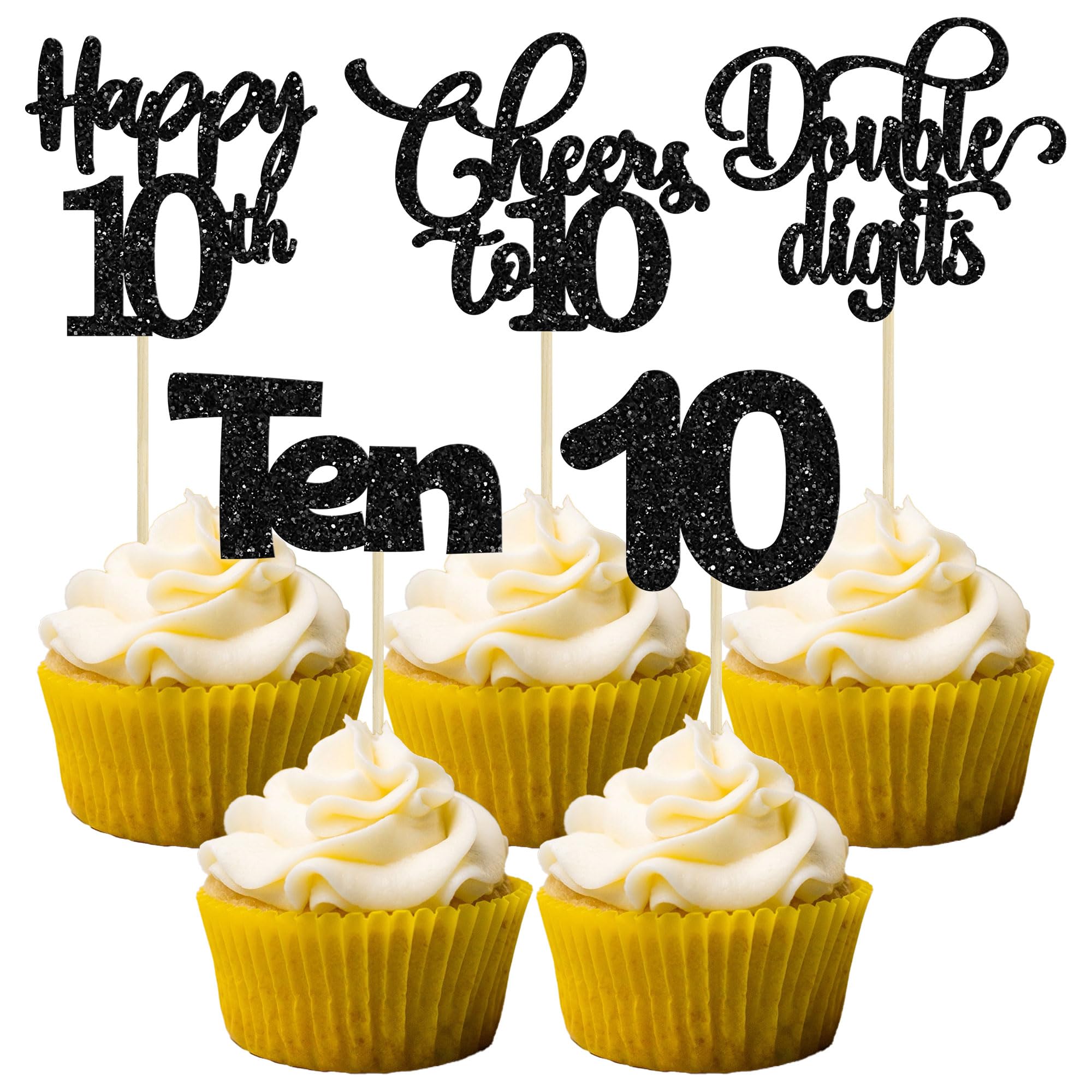 30 Pack Happy 10th Birthday Cupcake Toppers Glitter Double Digits Cheers to 10 Years Old Birthday Cupcake Picks for Anniversary Party Cake Decorations Supplies Black