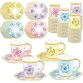 24 Sets Floral Paper Tea Cups and Saucers Disposable Tea Party Supplies Colorful Flower Teacups with Handle and Plates for Hot Cold Drink Wedding Birthday Party Baby Shower