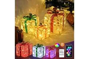 TISEJOY Christmas Lighted Gift Boxes (10") with Remote Control，Set of 3 Smart Luxury Present Boxes for Indoor Outdoor Christmas Decorations in Yard, Tree, Home, Porch(Pink,Blue,White