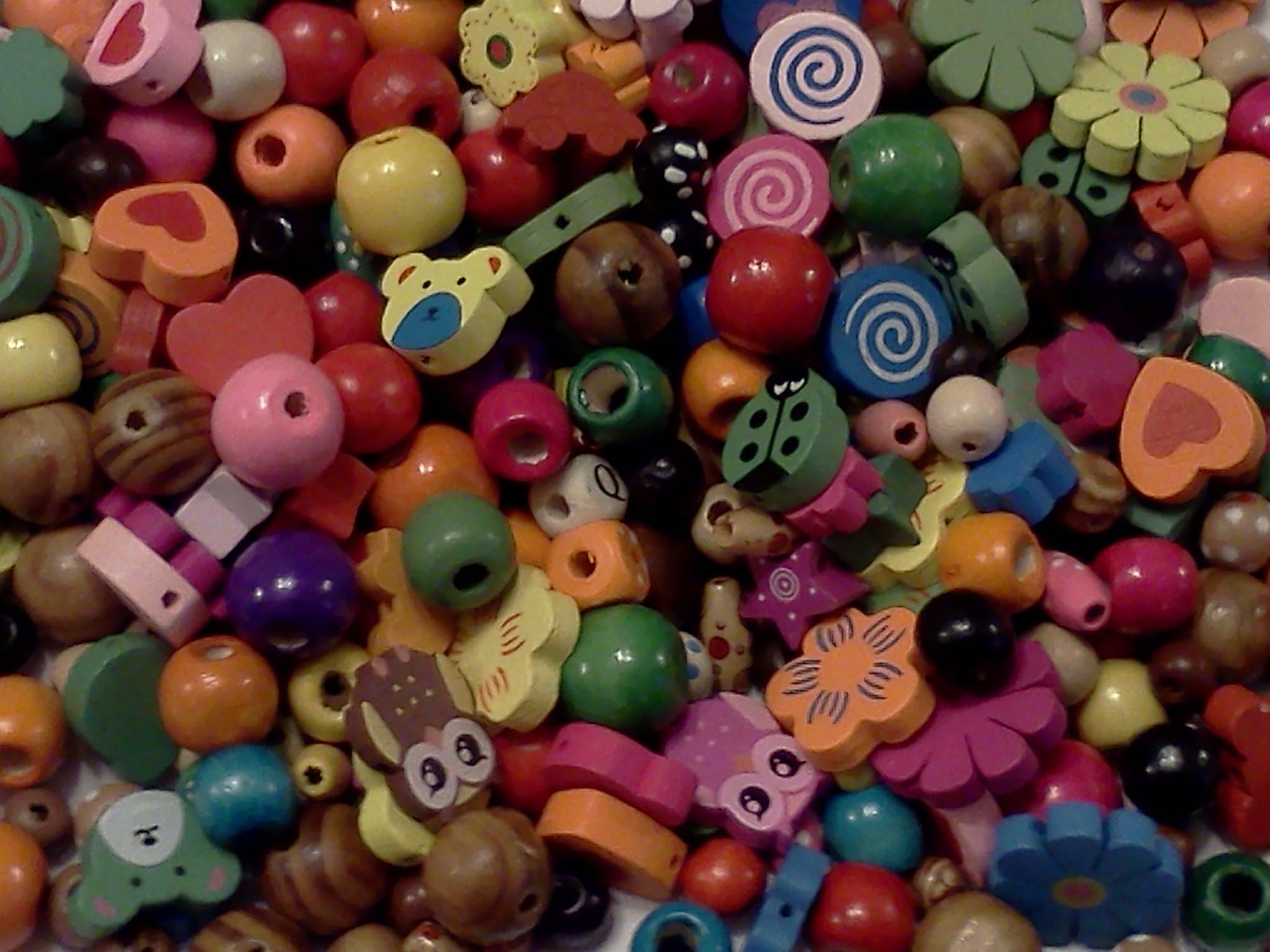 Half-Pound Wood Beads, 6-25mm, Assorted Colors and Shapes, Owls, Bears, Hearts, Flowers, Cars etc.