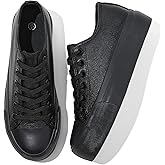 Rominz Women's White Platform Sneakers PU Leather Platform Shoes Classic Black Low Top Sneakers Casual Walking Shoes for Women