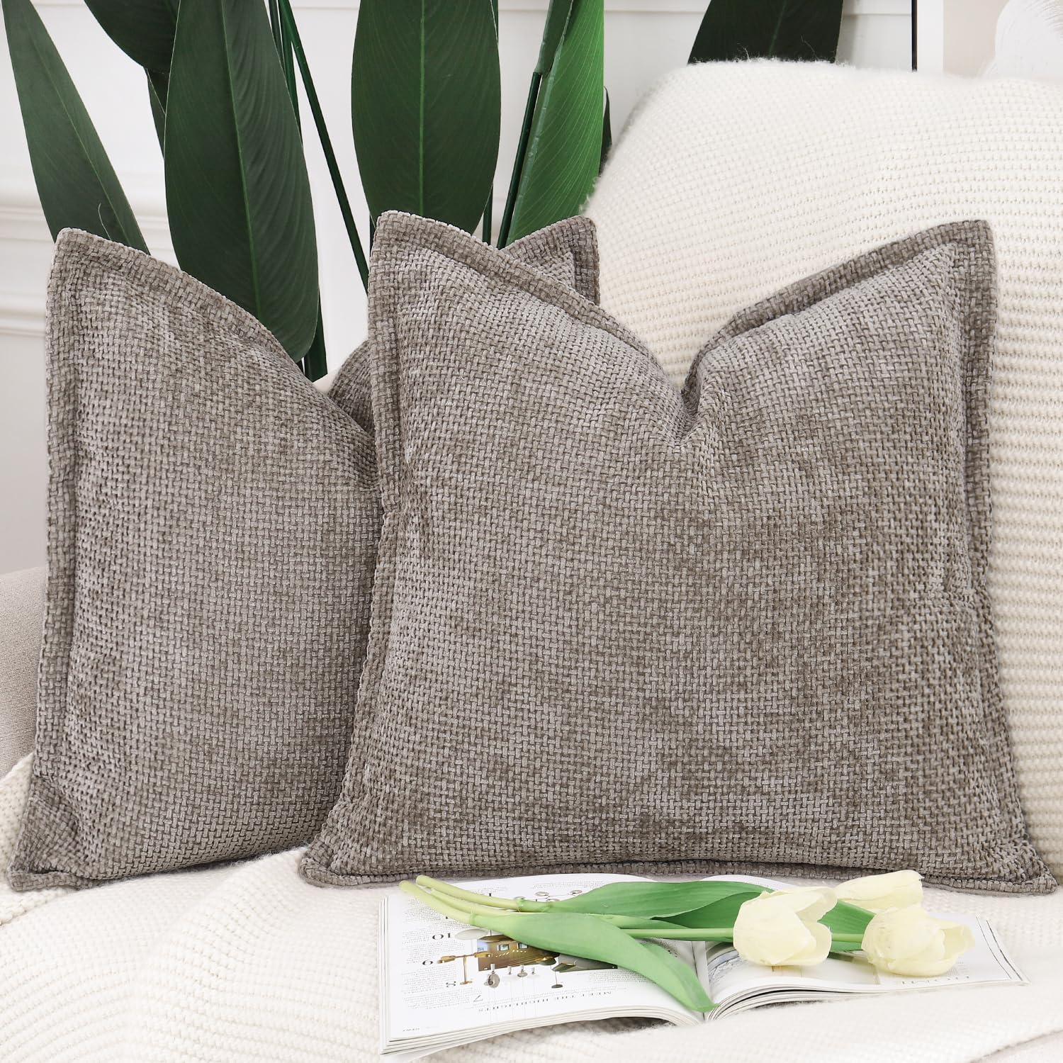 Photo 1 of MADIZZ Chenille Velvet Throw Pillow Covers with Flange Set of 2 Super Soft Boho Textured Pillow Covers Decorative Throw Pillowcases Modern Farmhouse Home Decor for Sofa Bedroom Taupe 24x24 Inch