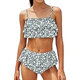 NAPU Girls Swimsuit Ruffled 2 Piece Bikini Set Girls Bathing Suit Tiered Swimsuits Adjustable Straps Beach Swimwear 9-16Y