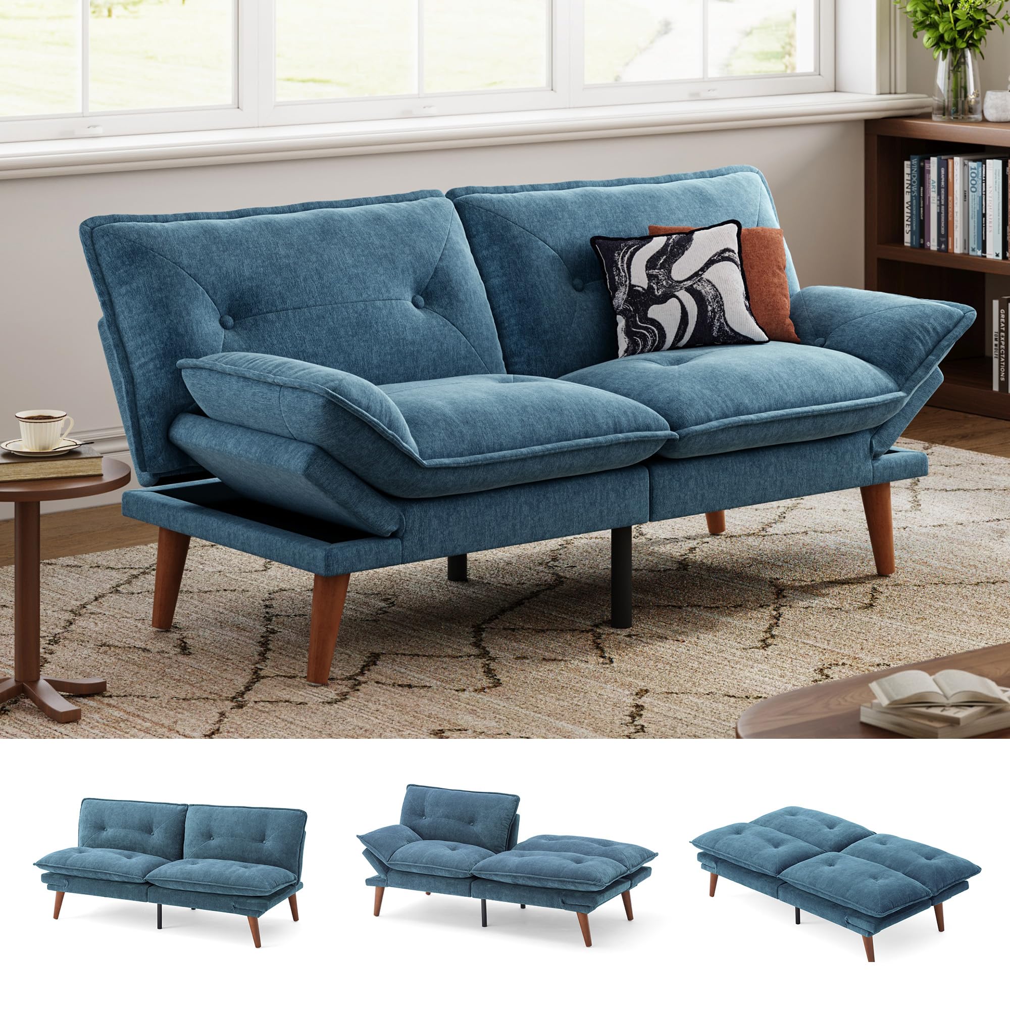 Photo 1 of *MISSING HARDWARE UNKNOWN*LINSY HOME Futon Sofa Bed, 70" Chenille Futon Couch with Adjustable Backrest Armrest, 3 in 1 Convertible Comfy Loveseat Sleeper Sofa Bed for Small Spaces Dorm Room Apartment Home Office, Blue