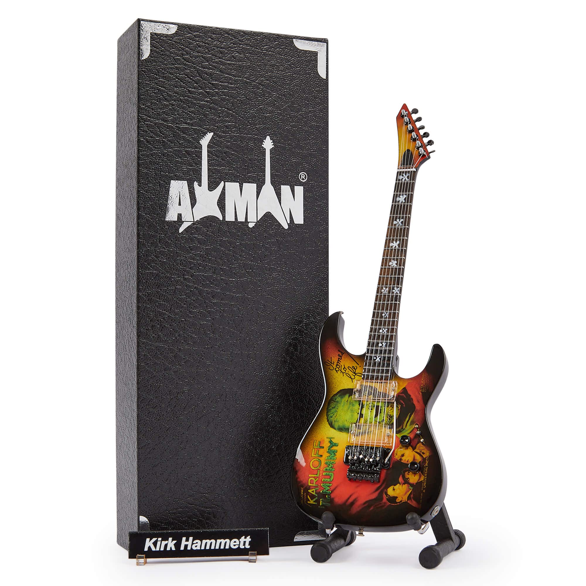 Axman Kirk Hammett Miniature Guitar Replica - Music Gifts - Handmade Ornamental 1/4 Scale - Display Box, Name Tag and Miniature Guitar Stand Included