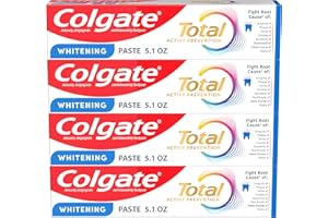 Colgate Total Whitening Toothpaste Paste, 5.1 oz, 4 Pack, Fluoride, Antibacterial, for Plaque, Gingivitis, Sensitivity, Stain Removal, Clinically Proven, Mint, Teeth Whitening, Stannous Fluoride